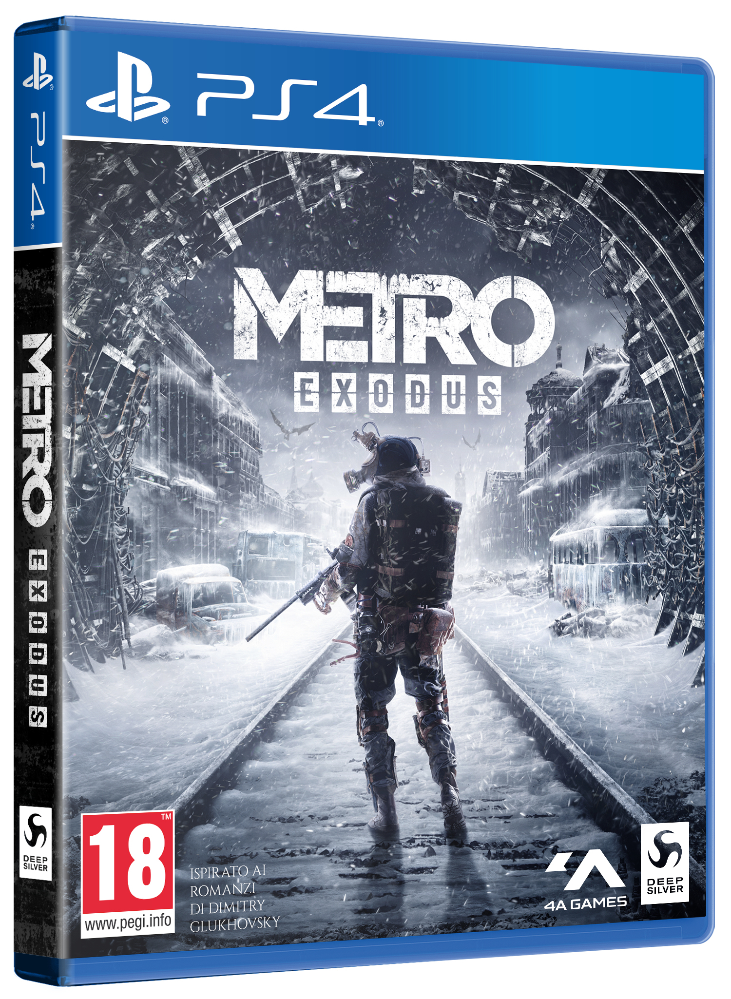 Okładka gry Metro Exodus z osobą w masce gazowej idącą po torach kolejowych.