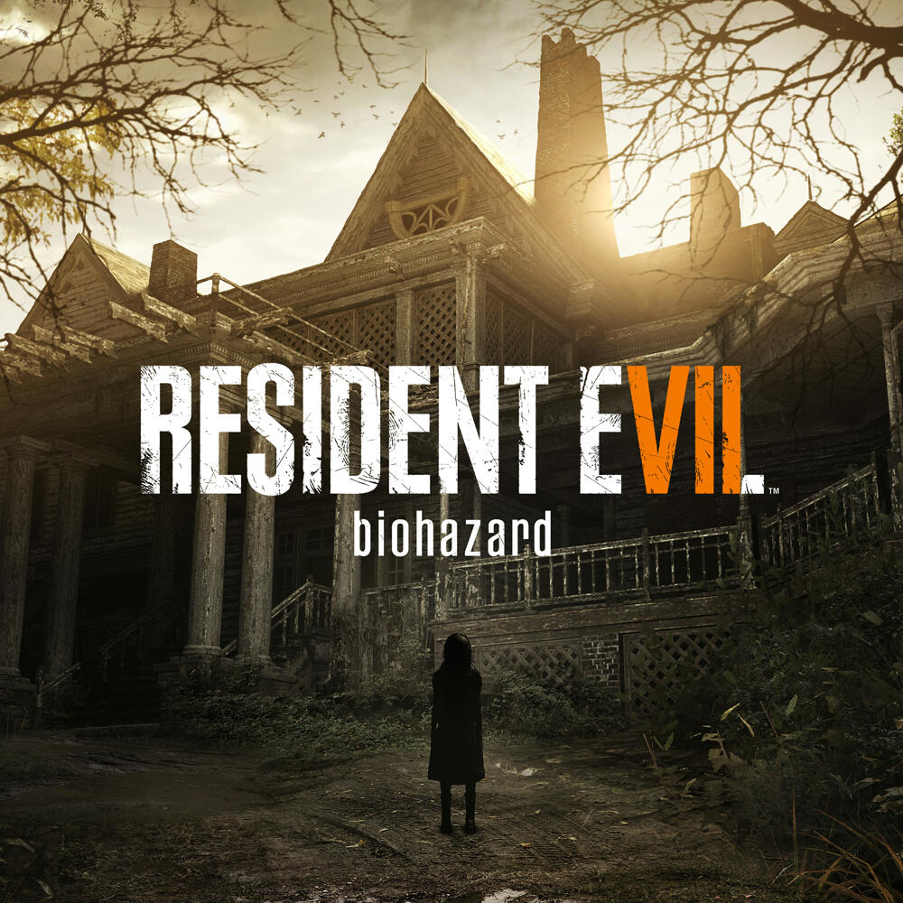 Copertina del gioco Resident Evil 7: Biohazard. Una casa infestata con una ragazza davanti. Atmosfera cupa.