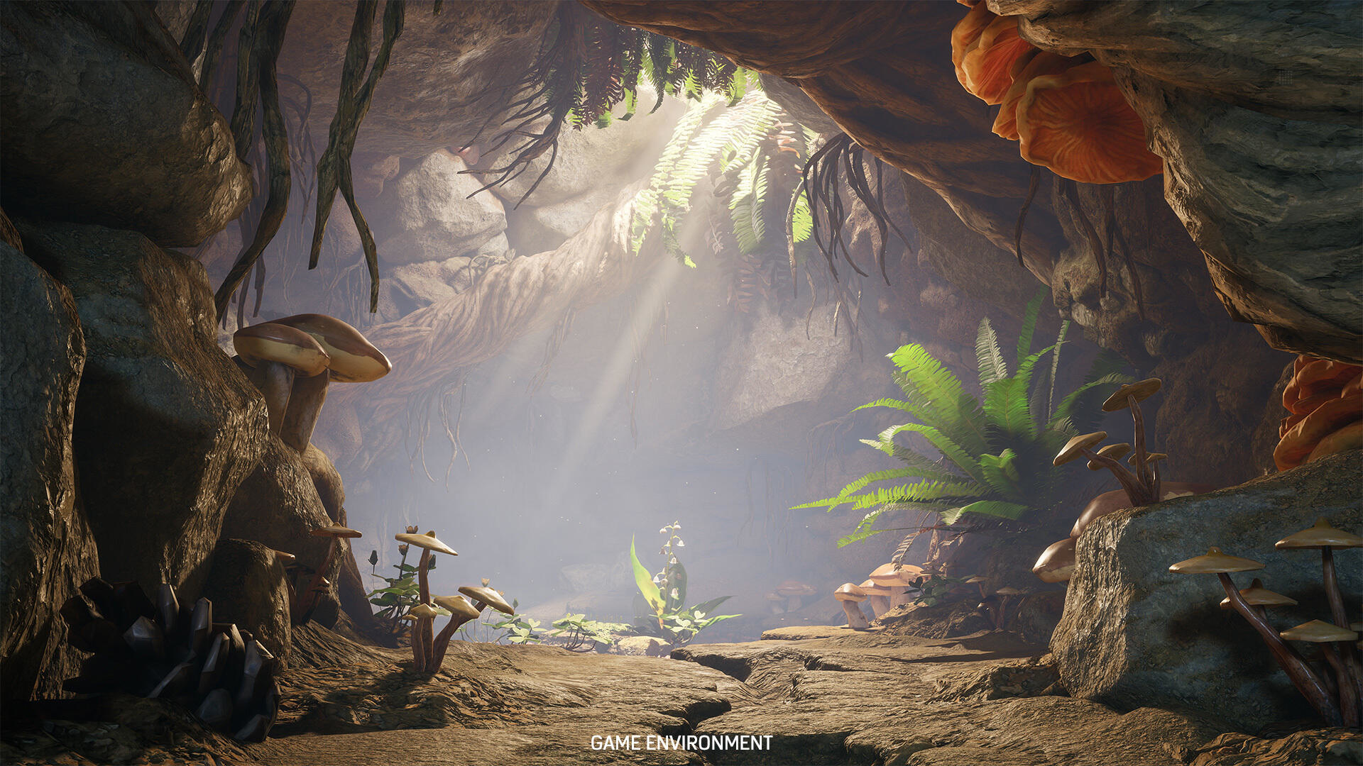 Wejście do jaskini z grzybami, paprociami i wpadającym światłem słonecznym.