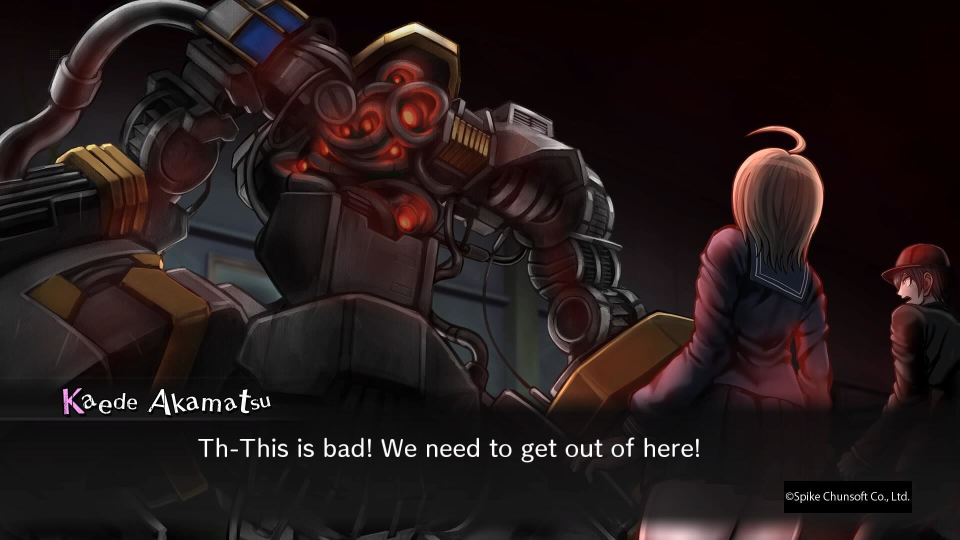 Una scena di gioco con un robot e due personaggi, con il testo: "Th-This is bad!"