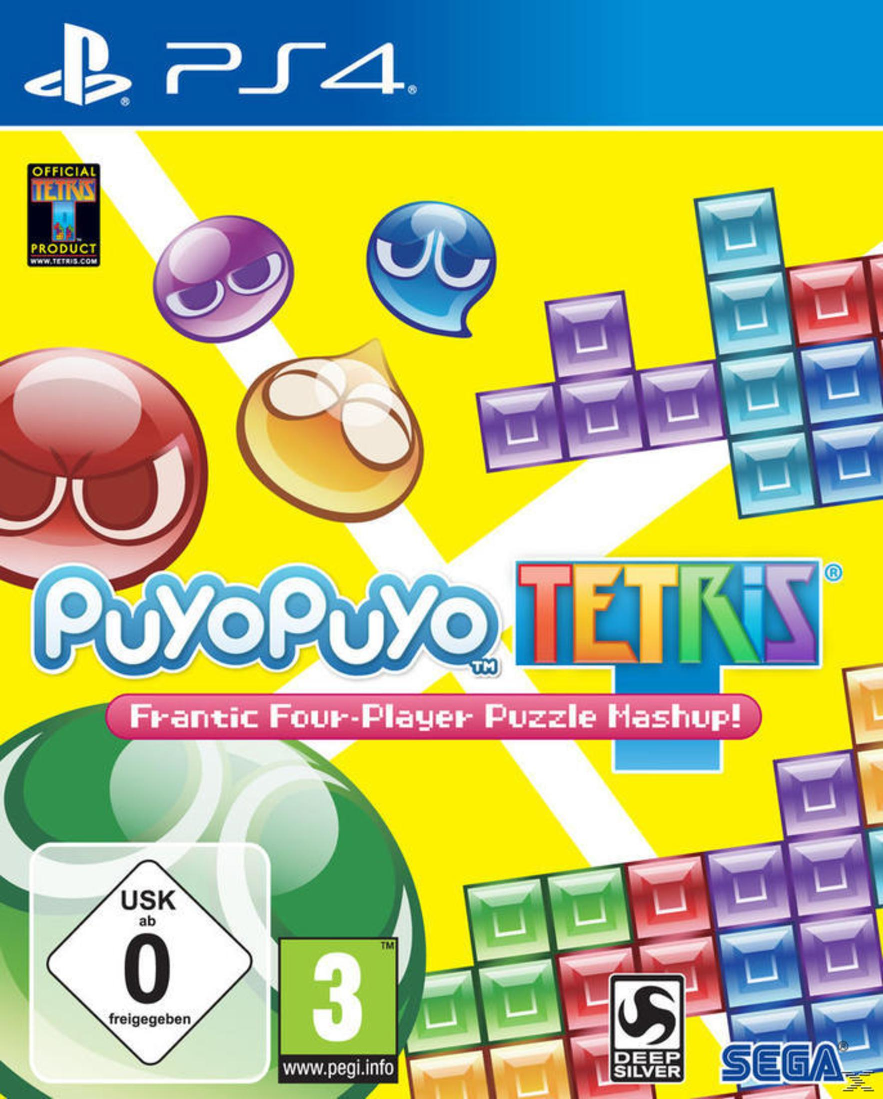 Pudełko gry Puyo Puyo Tetris, PS4. Kolorowe postacie i klocki znajdują się na okładce.