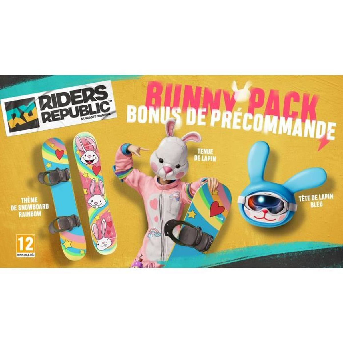 Pudełko Riders Republic Bunny Pack. Osoba w stroju królika z deskami snowboardowymi i głową królika.