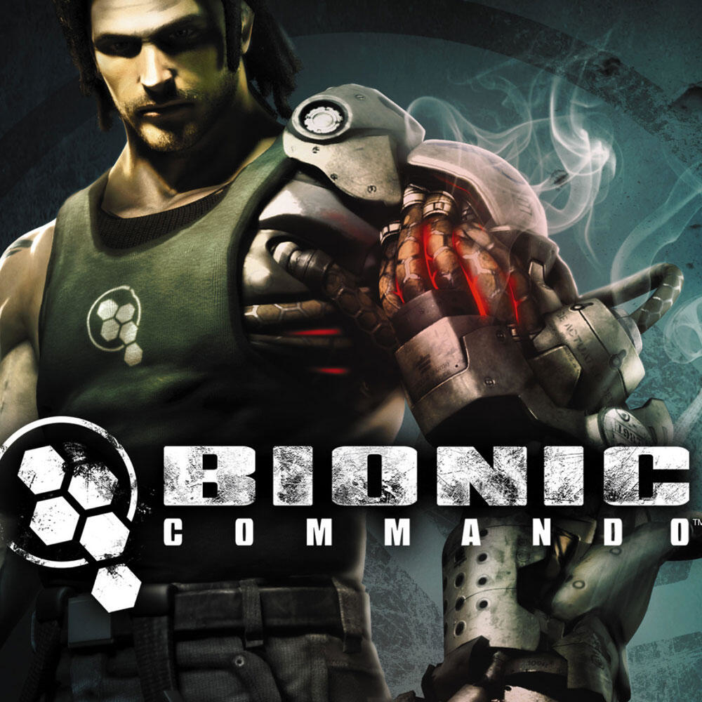 Uomo con braccio bionico e armatura, con il titolo del gioco 'BIONIC COMMANDO'.