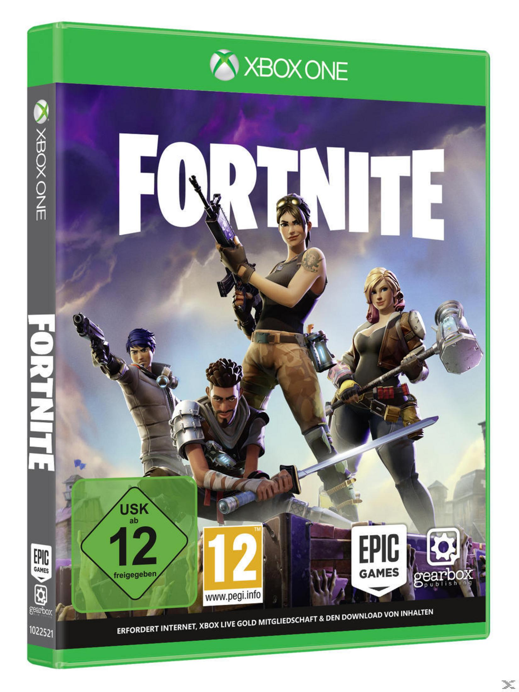 Spielcover: Fortnite. Vier Charaktere halten Waffen in einer Kampfszene vor einem lila Himmel.