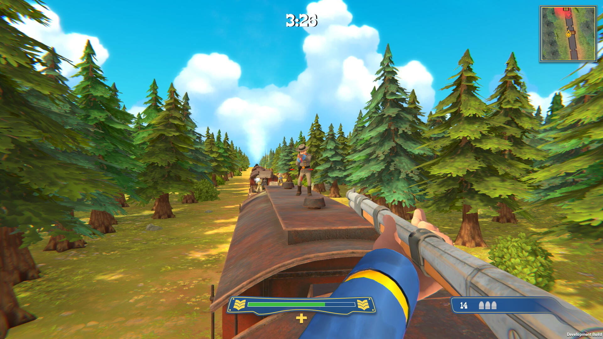 Widok z perspektywy pierwszej osoby w strzelance na pociągu. Drzewa i niebo w tle.