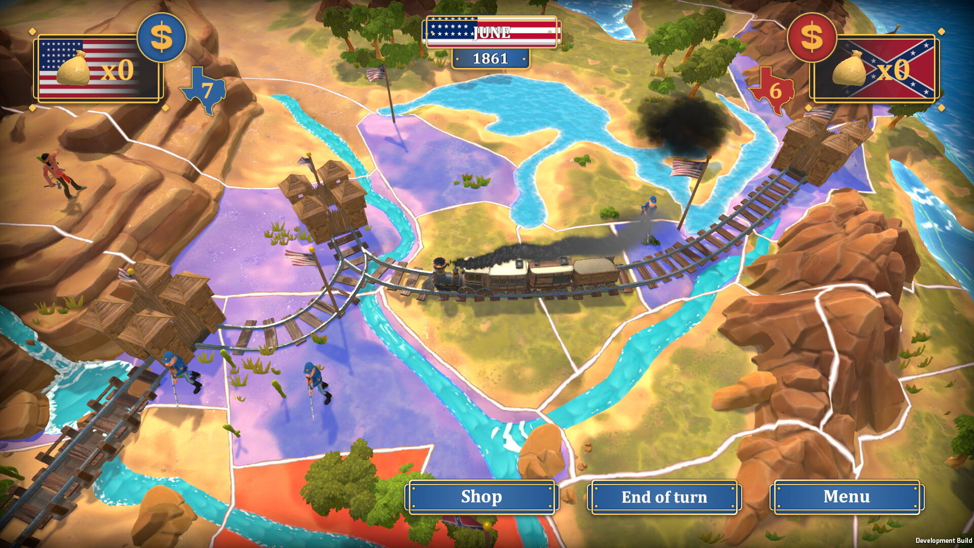 Mapa gry planszowej przedstawia pociąg na torach, z dwiema flagami i pionkami. Rok to 1861.