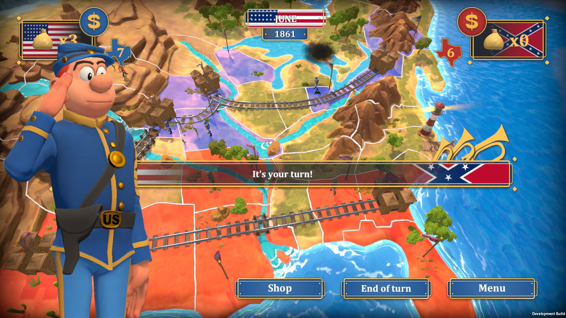 Interfejs mapy gry strategicznej. Żołnierz z kreskówki salutuje. Tekst: 'Twoja kolej!'