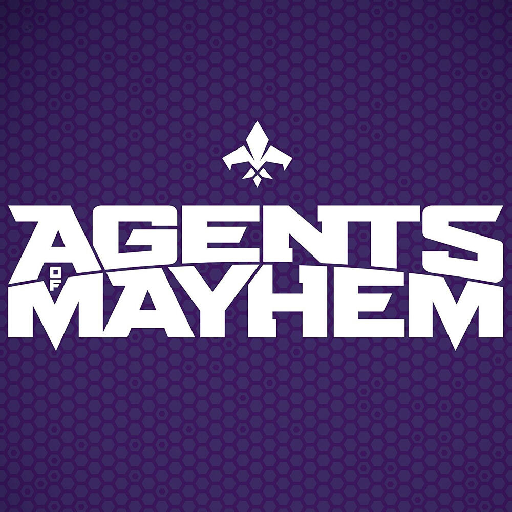 Logo Agents of Mayhem na fioletowym, sześciokątnym tle. Biały tekst nad białym emblematem.
