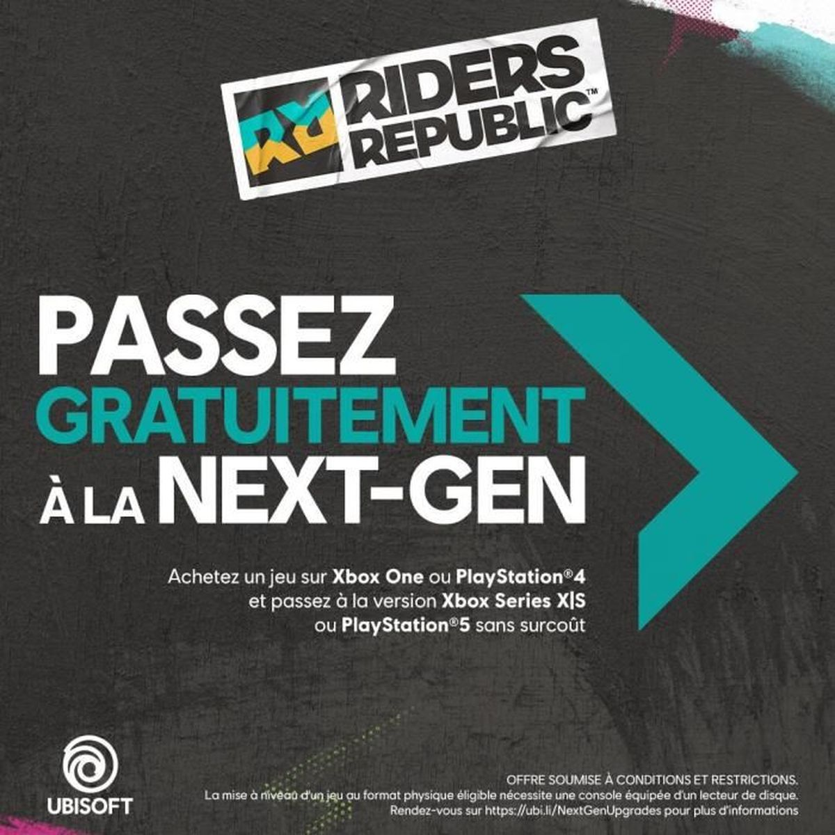 Reklama Riders Republic: Ulepszenie nowej generacji dla Xbox i PlayStation. Logo i grafika Ubisoft.