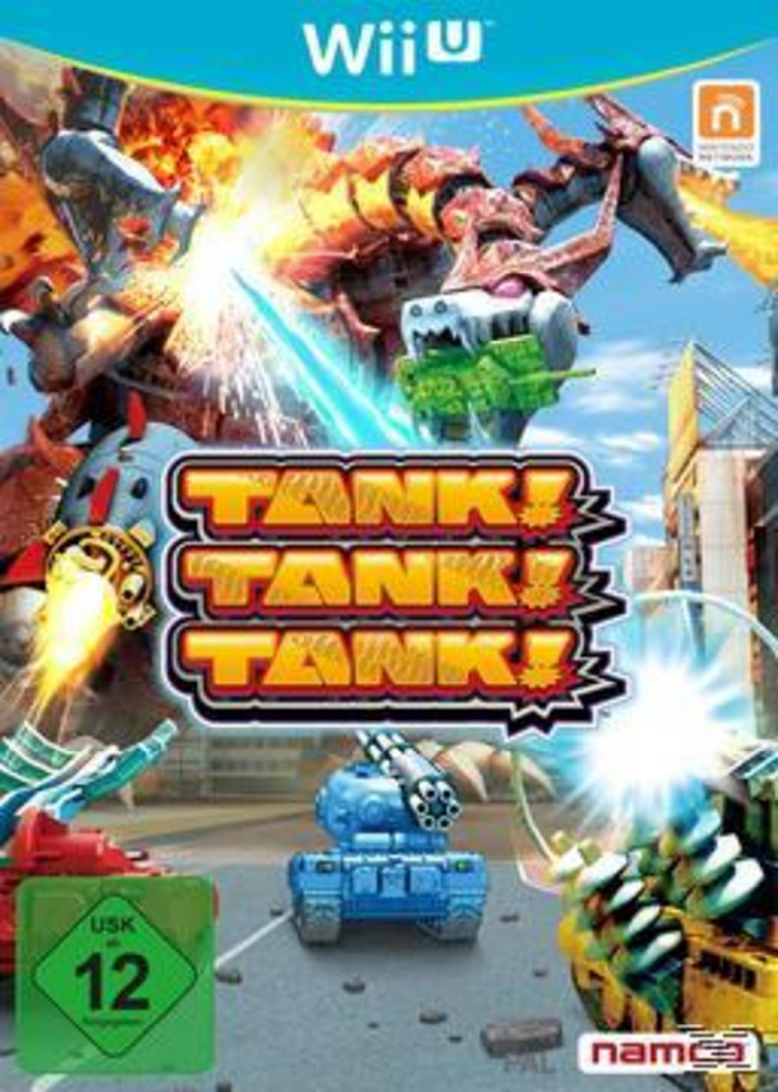 Wii U-Spielcover für Tank! Tank! Tank!. Panzer in Aktion mit Explosionen. Bunter Hintergrund mit Gebäuden.
