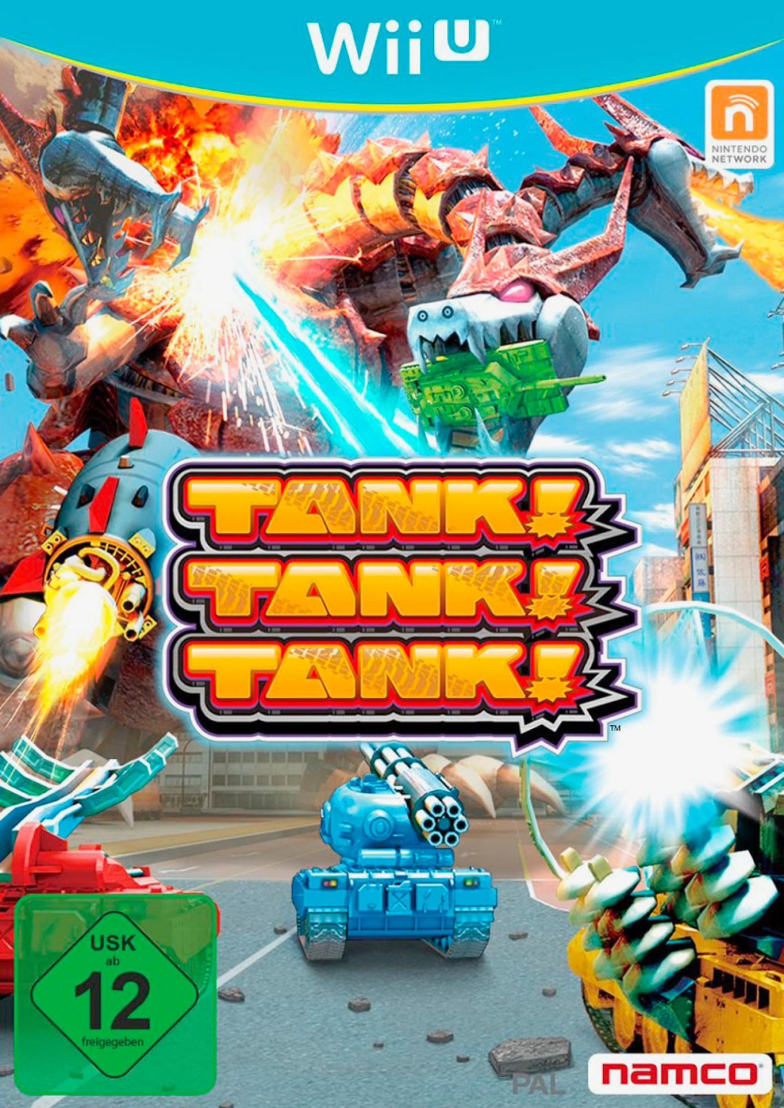 Wii U-Spielcover: Tank! Tank! Tank! zeigt Panzer, die in einer Stadt gegen riesige Monster kämpfen.