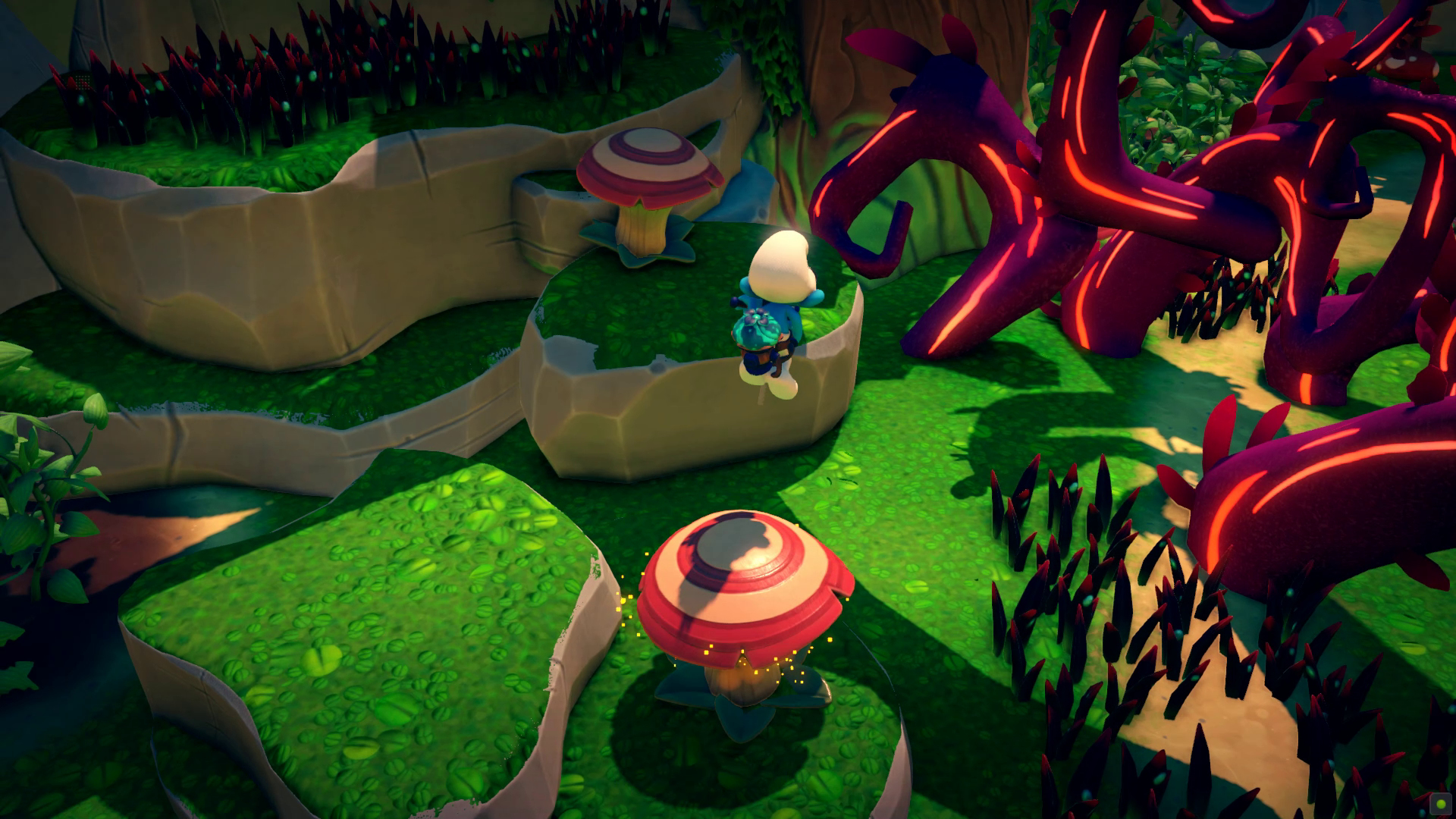 Smerf na grzybie w kolorowym otoczeniu z czerwono-białym grzybem i czerwonymi roślinami.