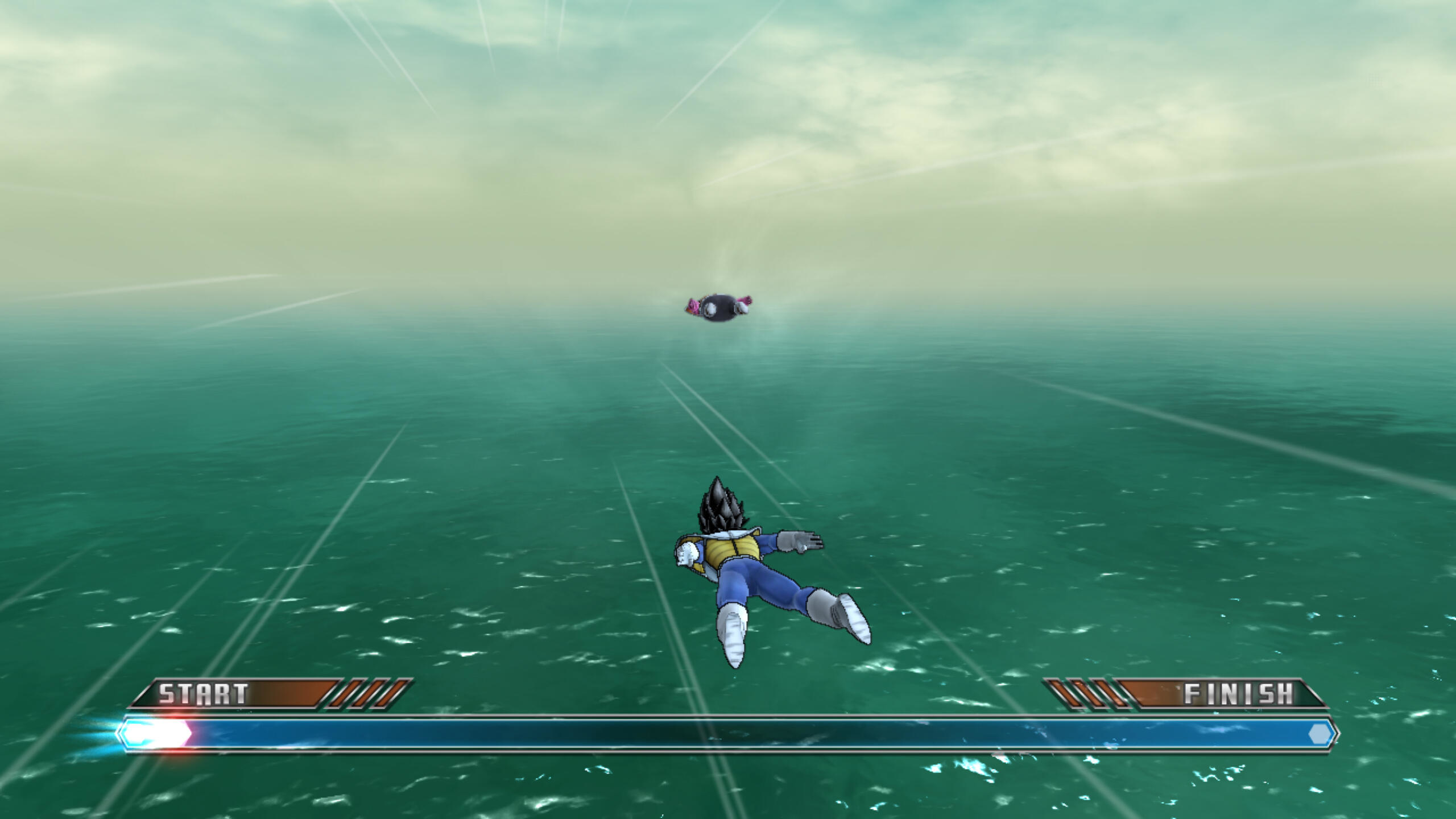Vegeta fliegt über Wasser in einem Spiel. Ein Raumschiff ist in der Ferne, mit einer Start-/Zielanzeige unten.
