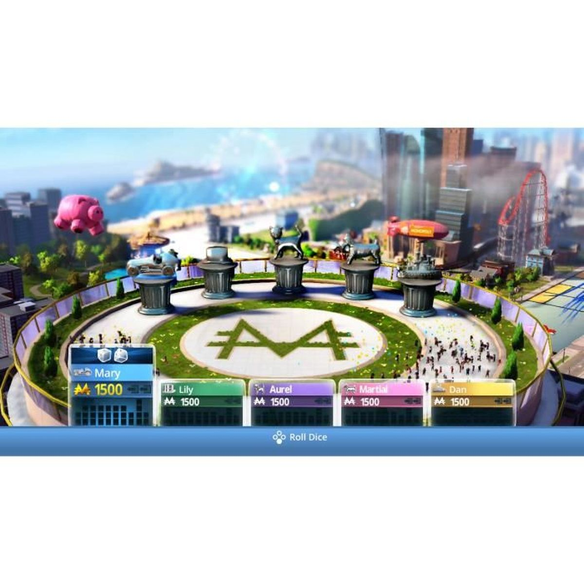 Interfejs planszy do gry Monopoly, sześciu graczy, różowa świnka.