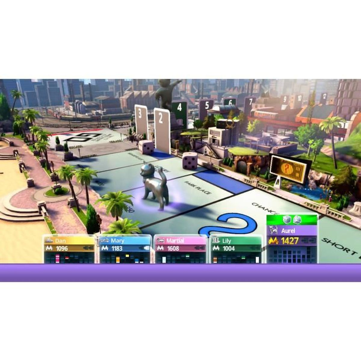 Gra Monopoly, plansza z graczami, figurka kota, wieżowce w tle.