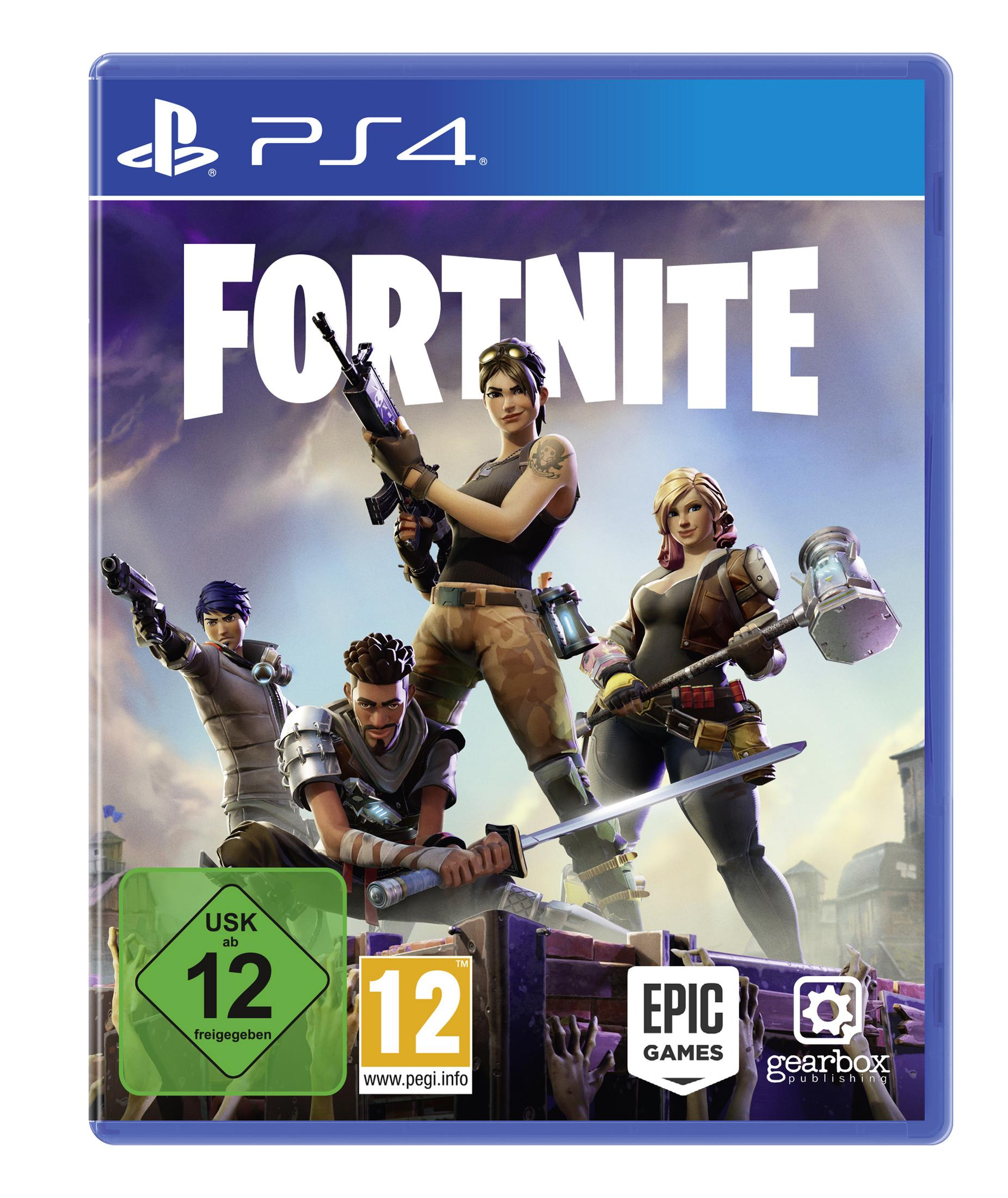 Fortnite-Spielcover. Charaktere mit Waffen, blauer Himmel im Hintergrund. PS4-Logo.