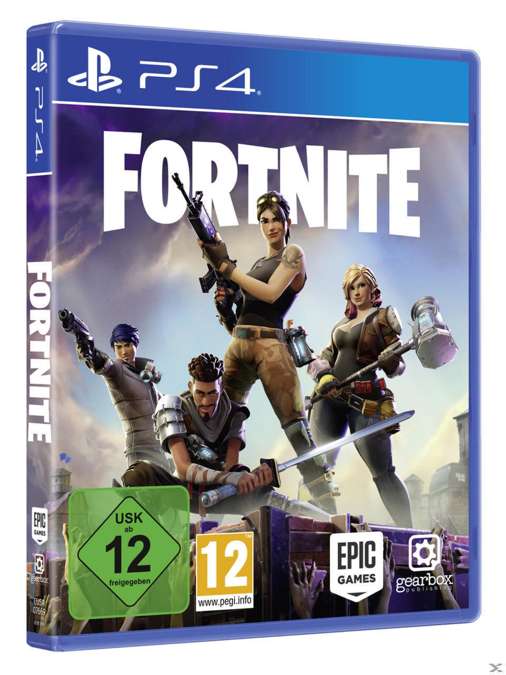 Fortnite-Spielcover: Vier Charaktere halten Waffen, Logo und Spieletitel auf der Box.