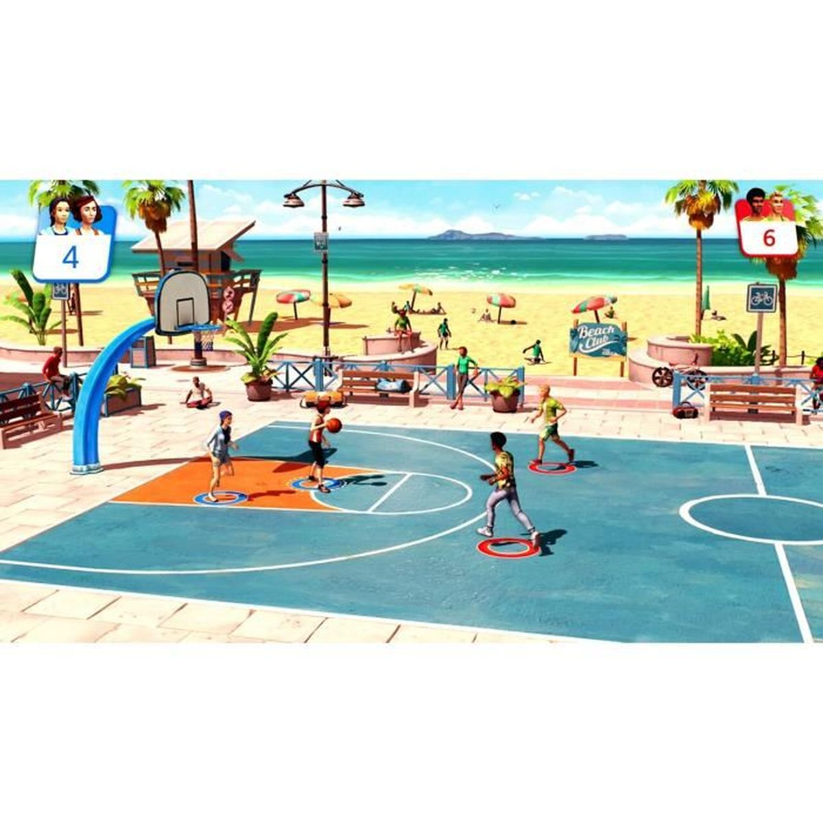 Boisko do koszykówki na plaży z grającymi ludźmi. Palmy, parasole i błękitne niebo w tle.