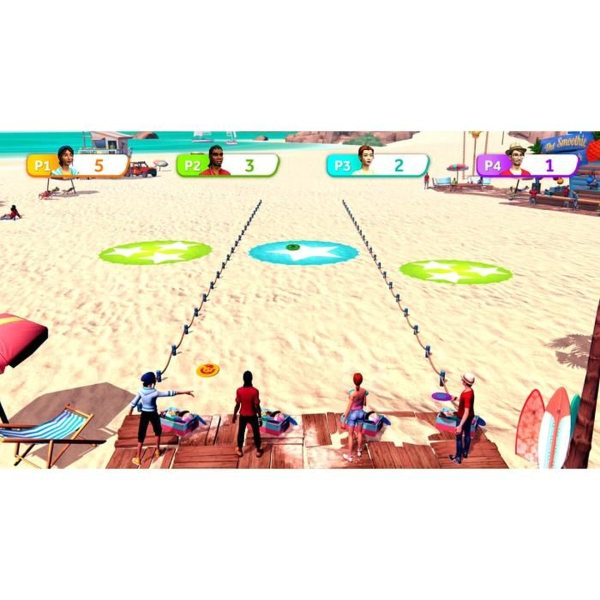 Scena z plaży z gry wideo. Czterech graczy rywalizuje w grze plażowej z kolorowymi znacznikami.