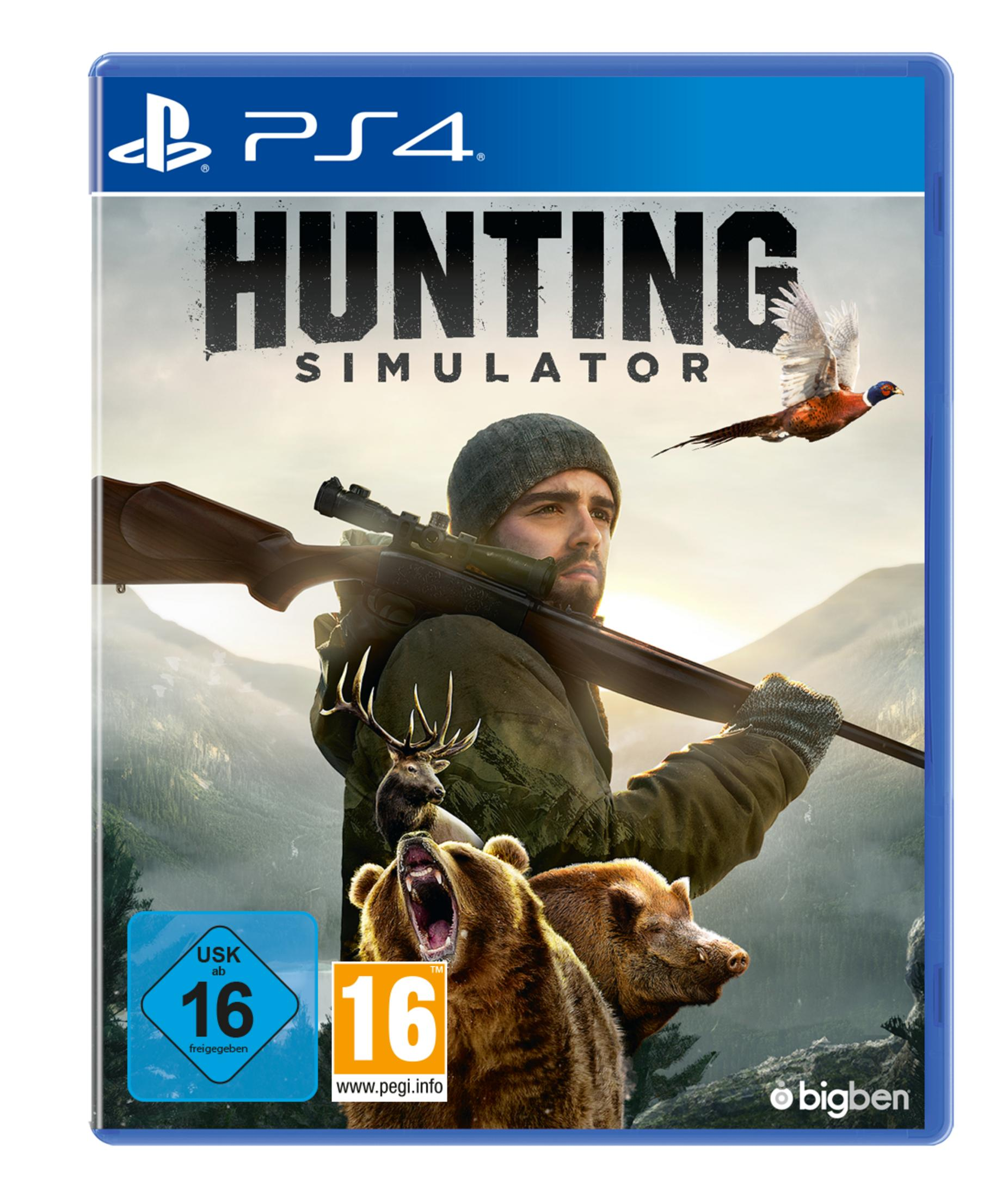 Spielcover: Ein Jäger mit Gewehr, Bären und einem Fasan in einer Waldszene.