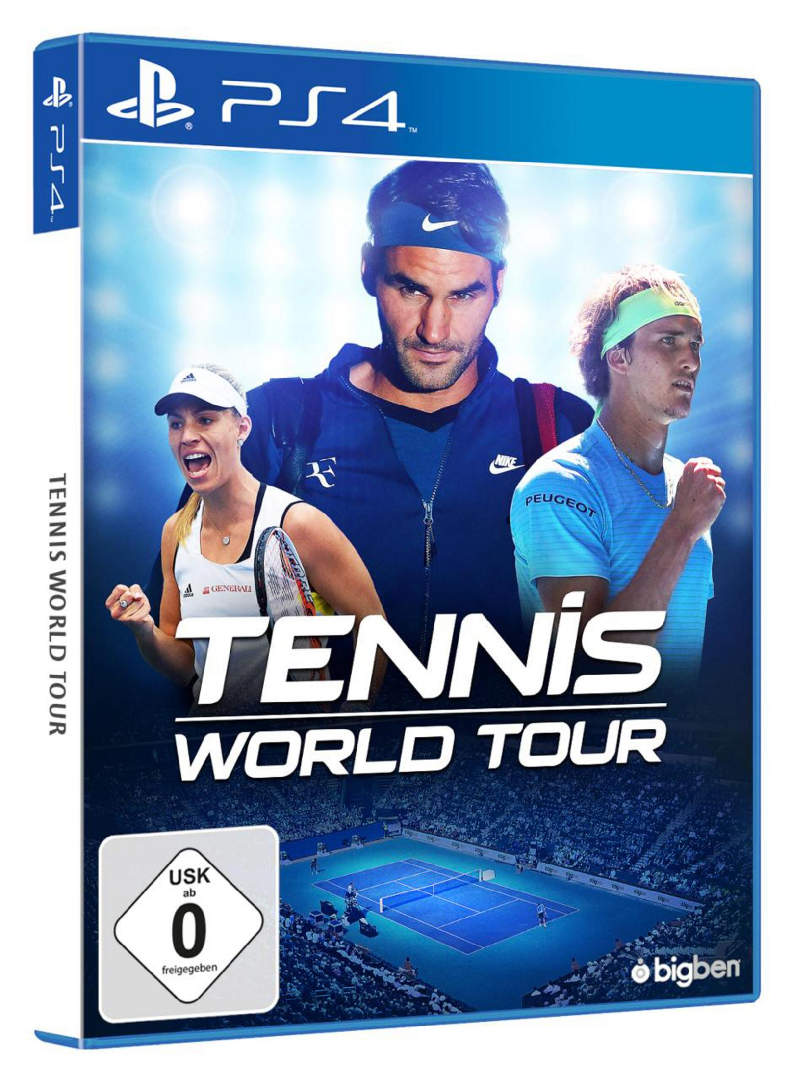 Tennis World Tour Spiel-Cover, Tennisspieler. Platz im Hintergrund. PS4 Spiel-Cover.