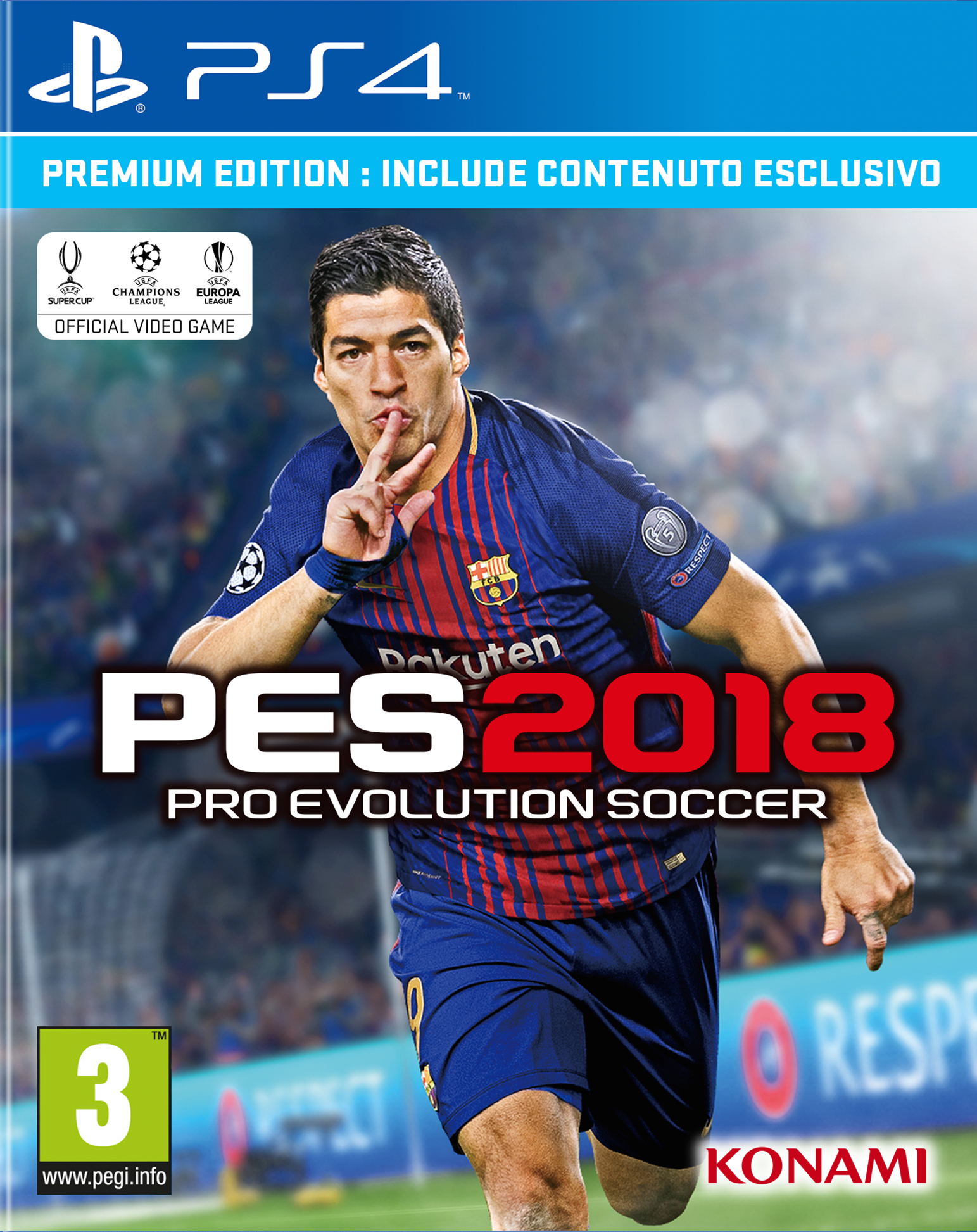 Portada del juego PES 2018. Jugador de fútbol con señal de paz. Uniforme azul y rojo.