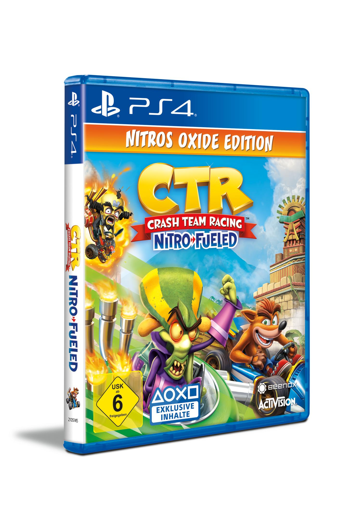 Spielbox-Art mit Crash Team Racing-Charakteren und -Logo, blauem Hintergrund und PS4-Logo.