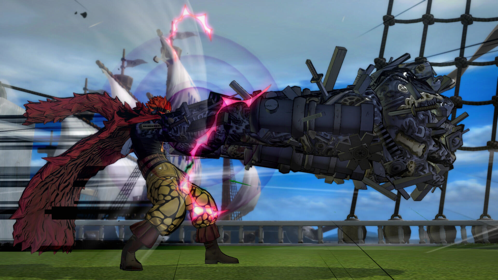 Postać z anime z dużym mechanicznym ramieniem, czerwonym płaszczem, walka.