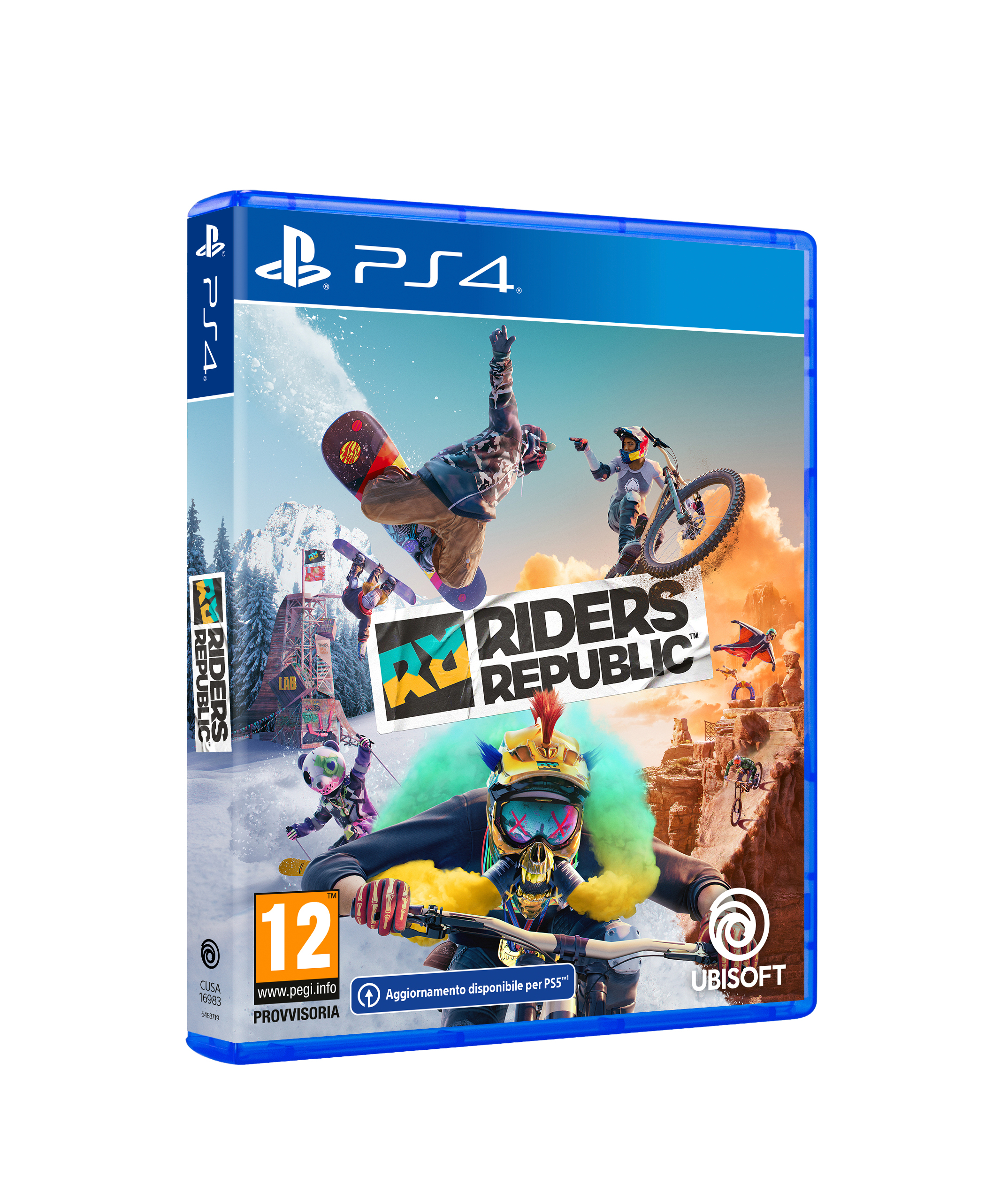 Okładka gry Riders Republic na PS4. Przedstawia ludzi uprawiających sporty ekstremalne w zaśnieżonych górach.