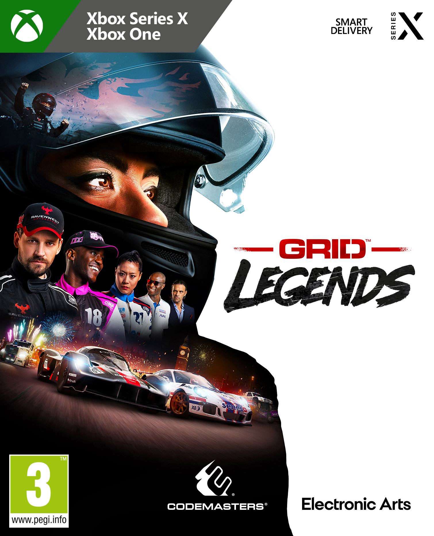 Okładka gry: Ludzie w samochodach wyścigowych, tytuł gry 'Grid Legends'. Obecne logo Xbox Series X i Xbox One.