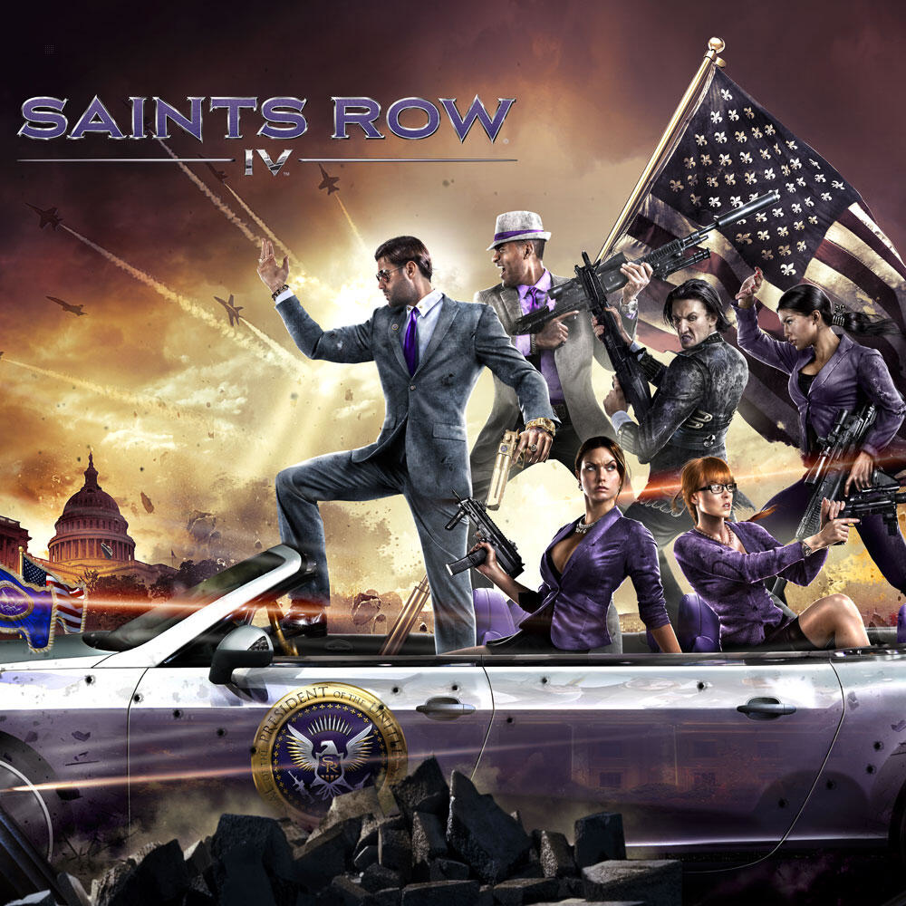 Portada del juego Saints Row IV. Personajes en un coche con armas, ondeando una bandera. Fondo de ciudad con aviones.