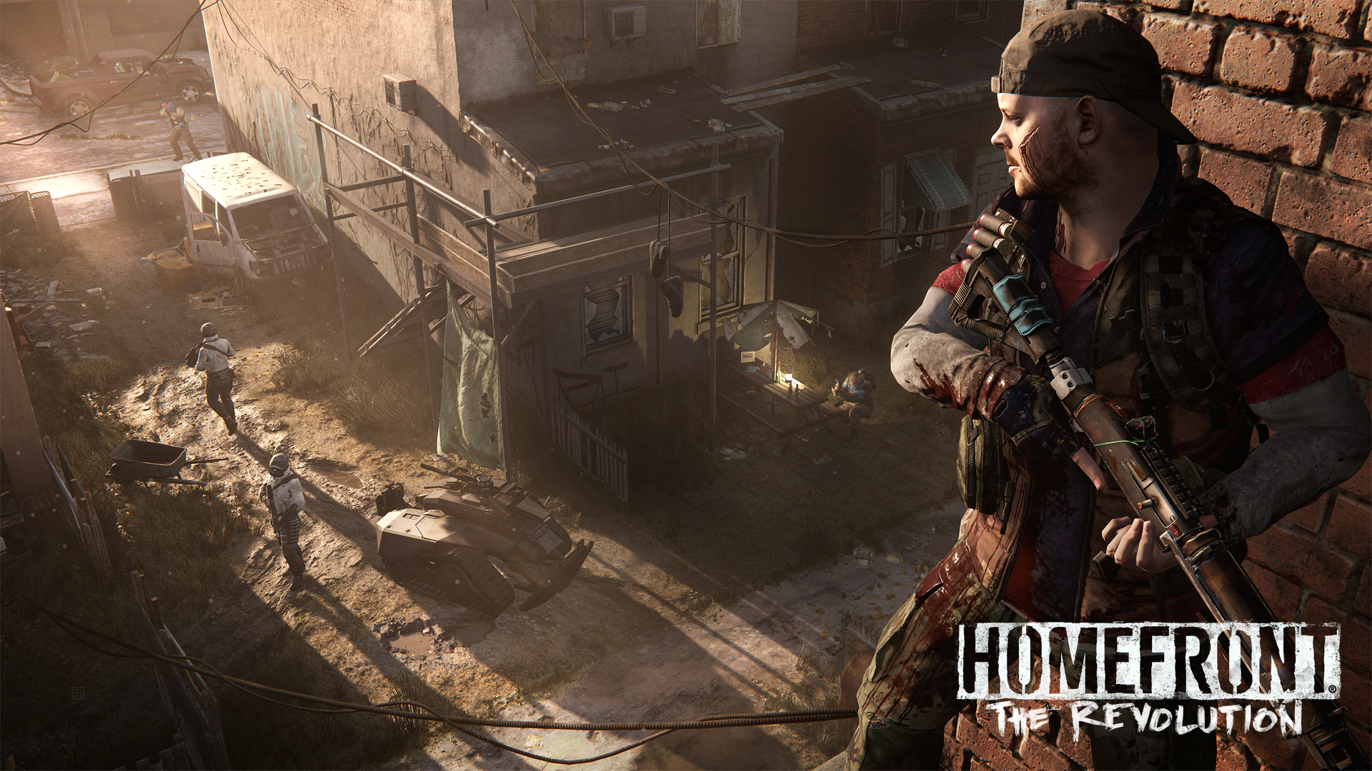 Gameplay di Homefront: The Revolution. Un uomo con una pistola su un tetto guarda una città devastata dalla guerra.