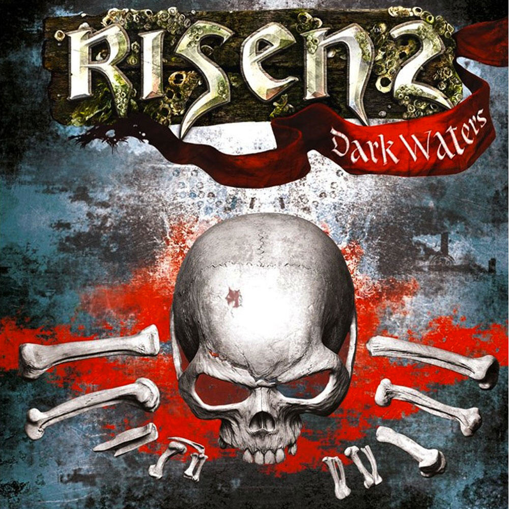Copertina del gioco Risen 2: Dark Waters con un teschio con ossa e uno striscione rosso.