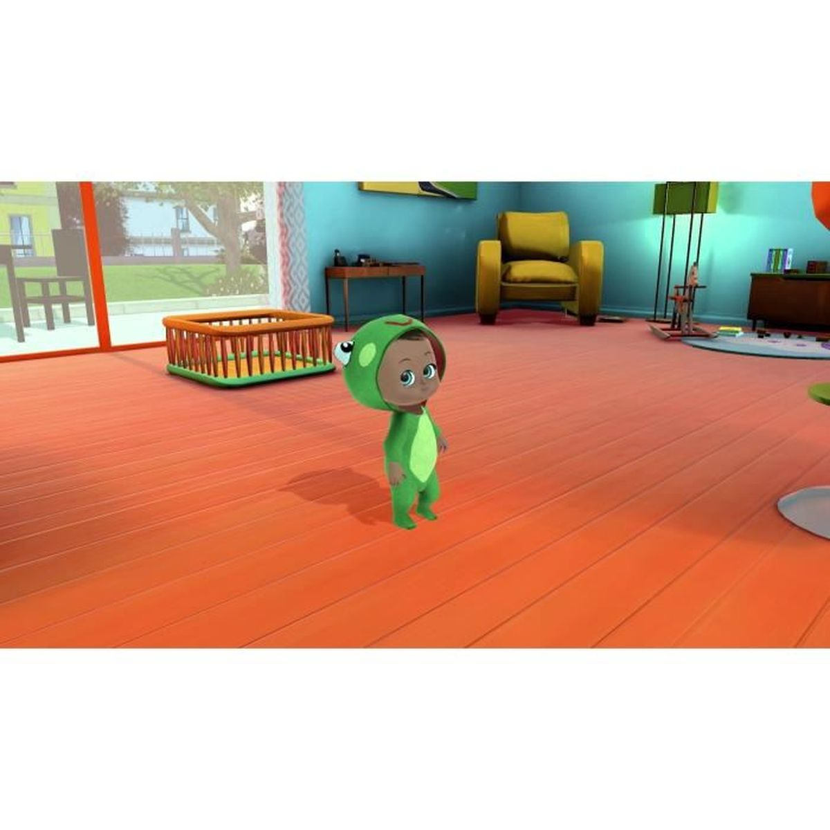 Dziecko w zielonym kostiumie żaby w jasno oświetlonym pokoju. Widoczna jest pomarańczowa podłoga.