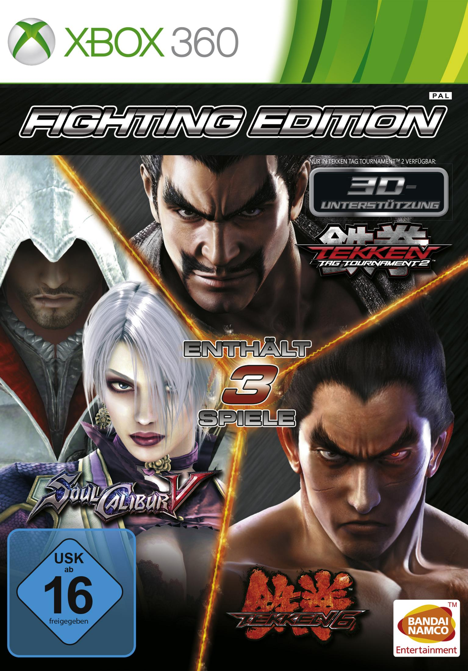 Spielcover mit mehreren Charakteren. Titel: Fighting Edition. Enthält Soul Calibur V und Tekken Tag Tournament 2.