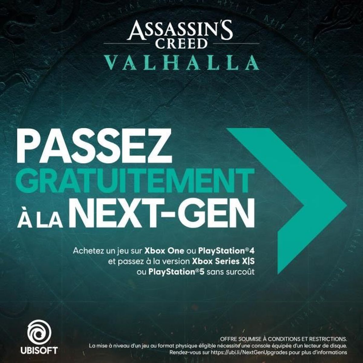 Reklama Assassin's Creed Valhalla. Tekst promujący darmową aktualizację do wersji nowej generacji.