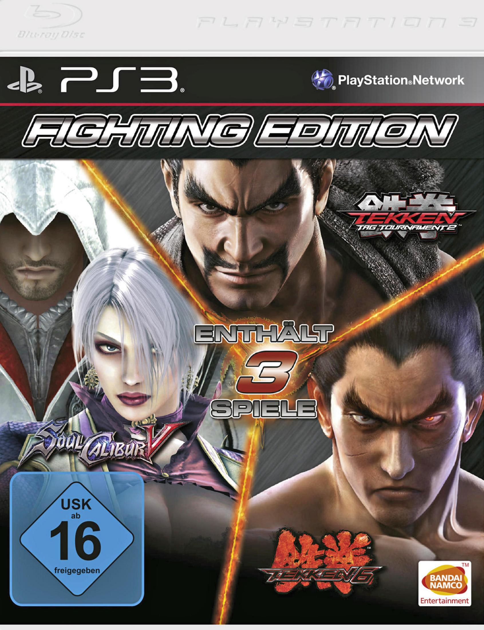 Spielcover mit mehreren Charakteren. Titel: Fighting Edition. Enthält Soul Calibur V und Tekken Tag Tournament 2.