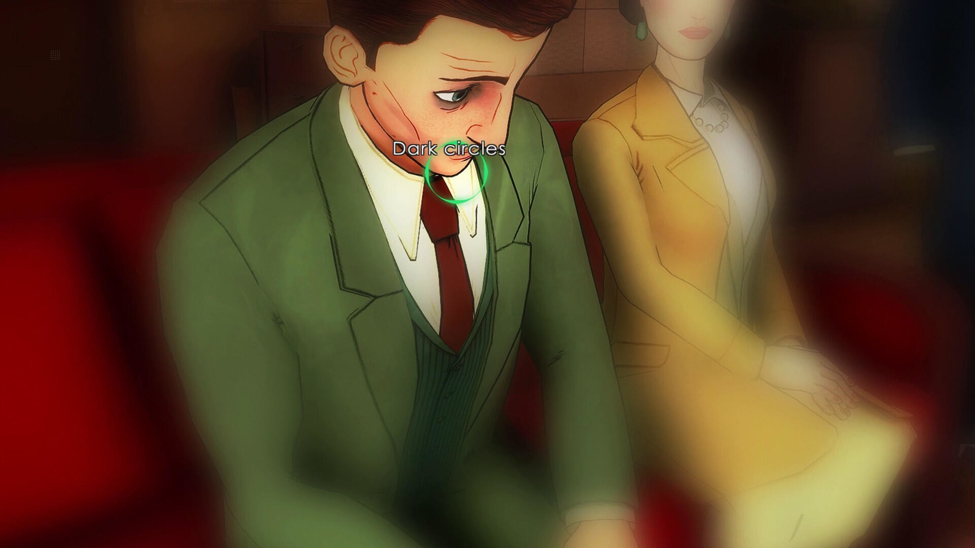 Mężczyzna z cieniami pod oczami siedzi z kobietą, oboje w strojach vintage.