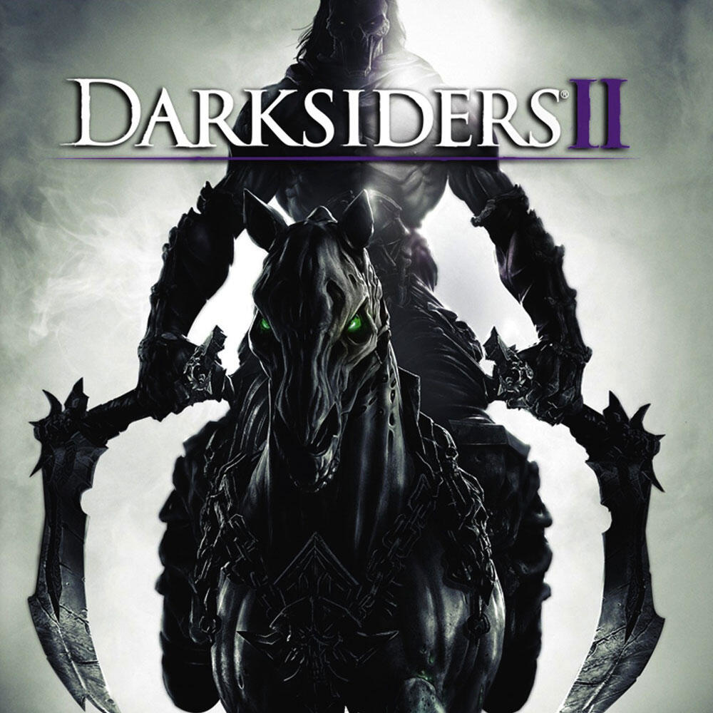 Okładka gry Darksiders II. Mroczna postać na koniu. Czarno-biała grafika.