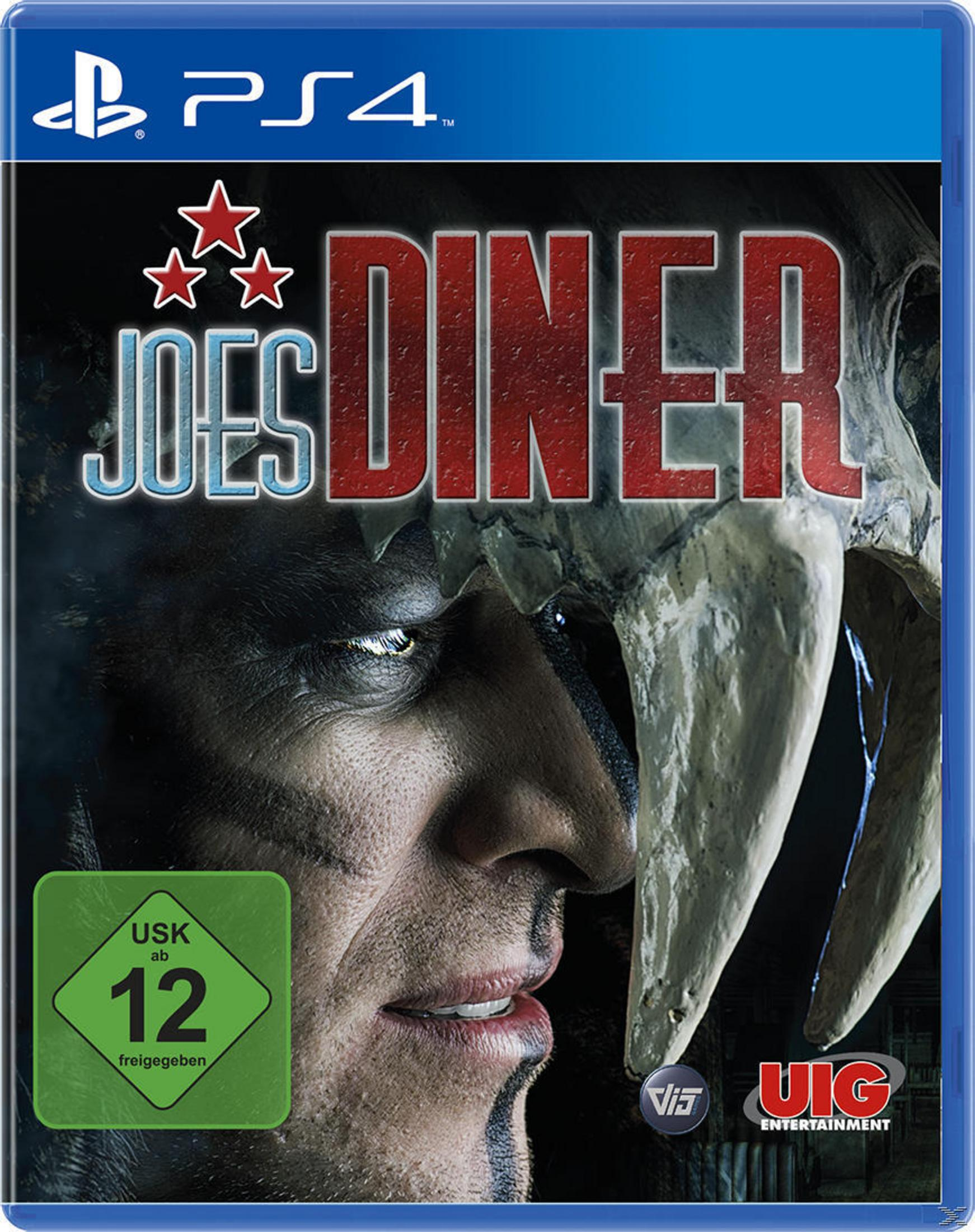 Okładka gry Joe's Diner. Twarz mężczyzny z czaszką dinozaura, niebieskie tło i logo PS4.