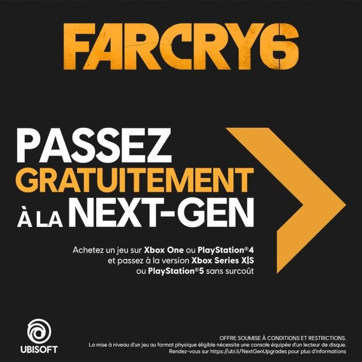 Promocja Far Cry 6. Tekst i symbol strzałki w prawo. Czarny i pomarańczowy tekst.