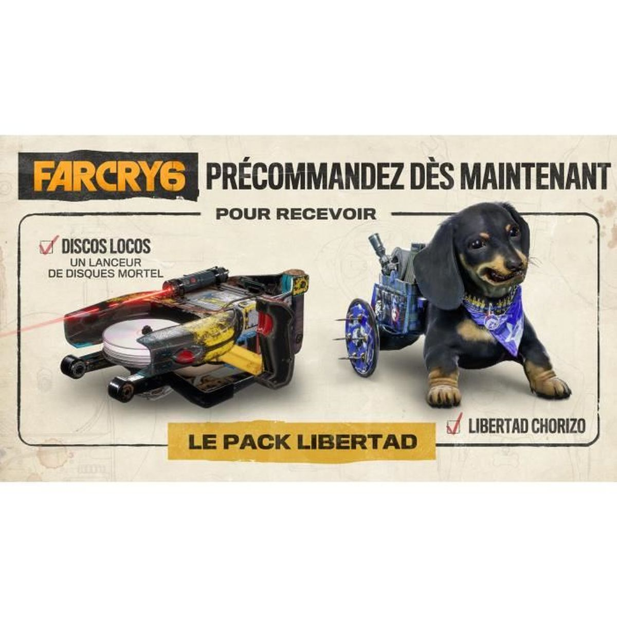 Reklama Far Cry 6. Zawiera broń, psa na kółkach i tekst.