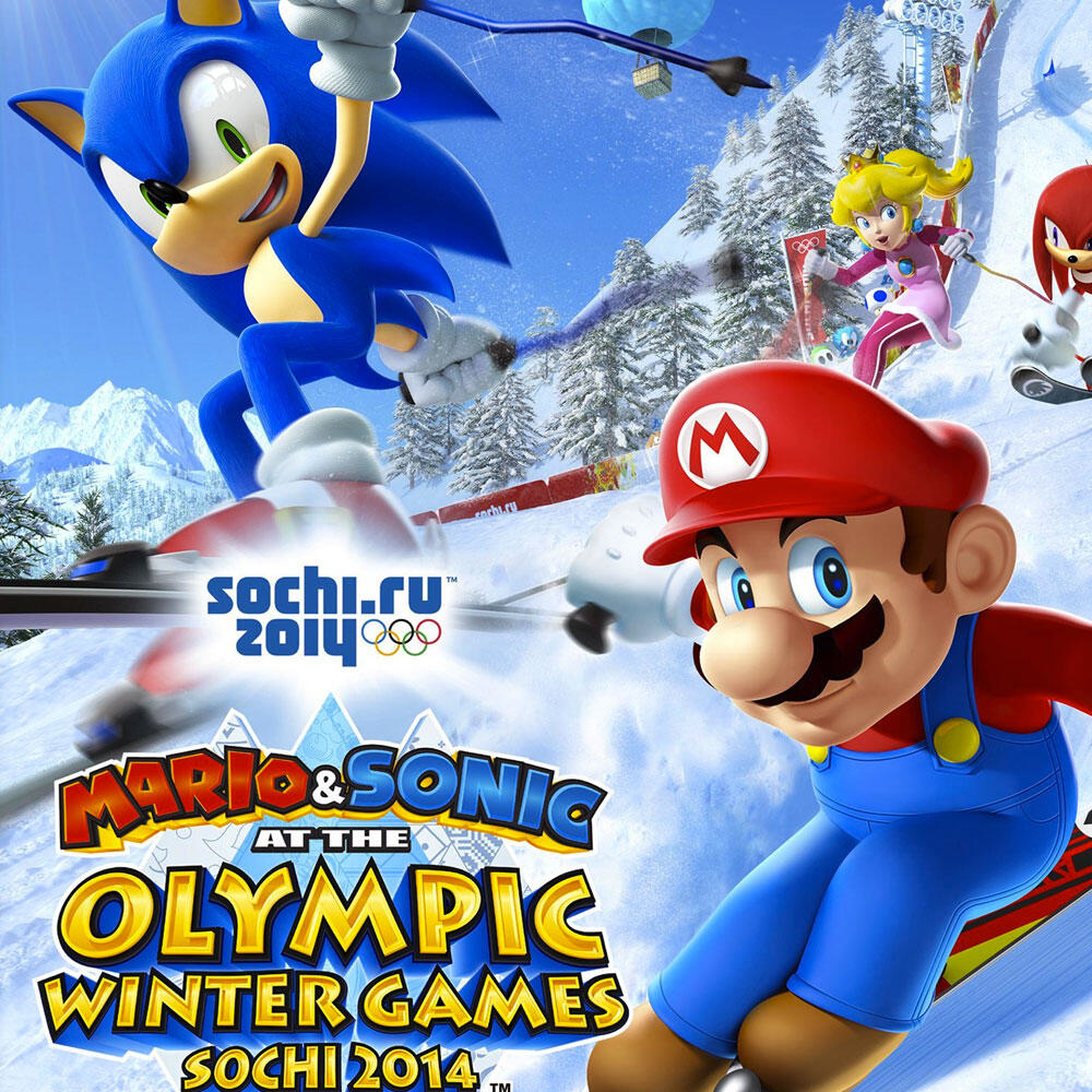 Copertina del gioco Mario & Sonic ai Giochi Olimpici Invernali di Sochi 2014. Mostra Mario e Sonic che sciano.