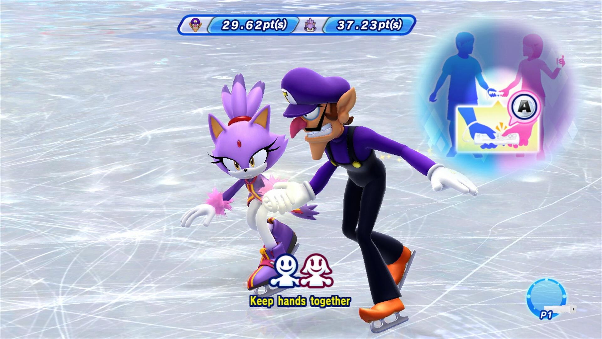 Waluigi e Blaze pattinano sul ghiaccio. Il tabellone mostra i punteggi. Viene visualizzato un tutorial di pattinaggio.