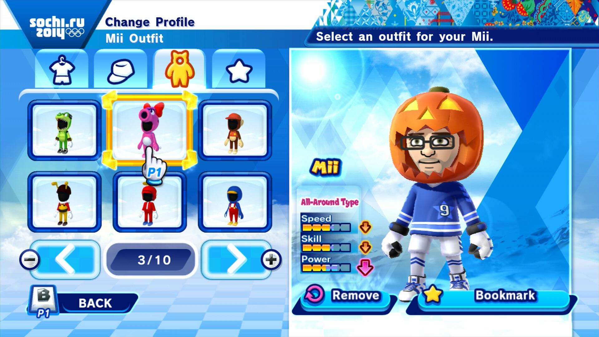 Una schermata del menu di un videogioco con un'interfaccia di personalizzazione del personaggio. Un Mii viene personalizzato con una testa di zucca.