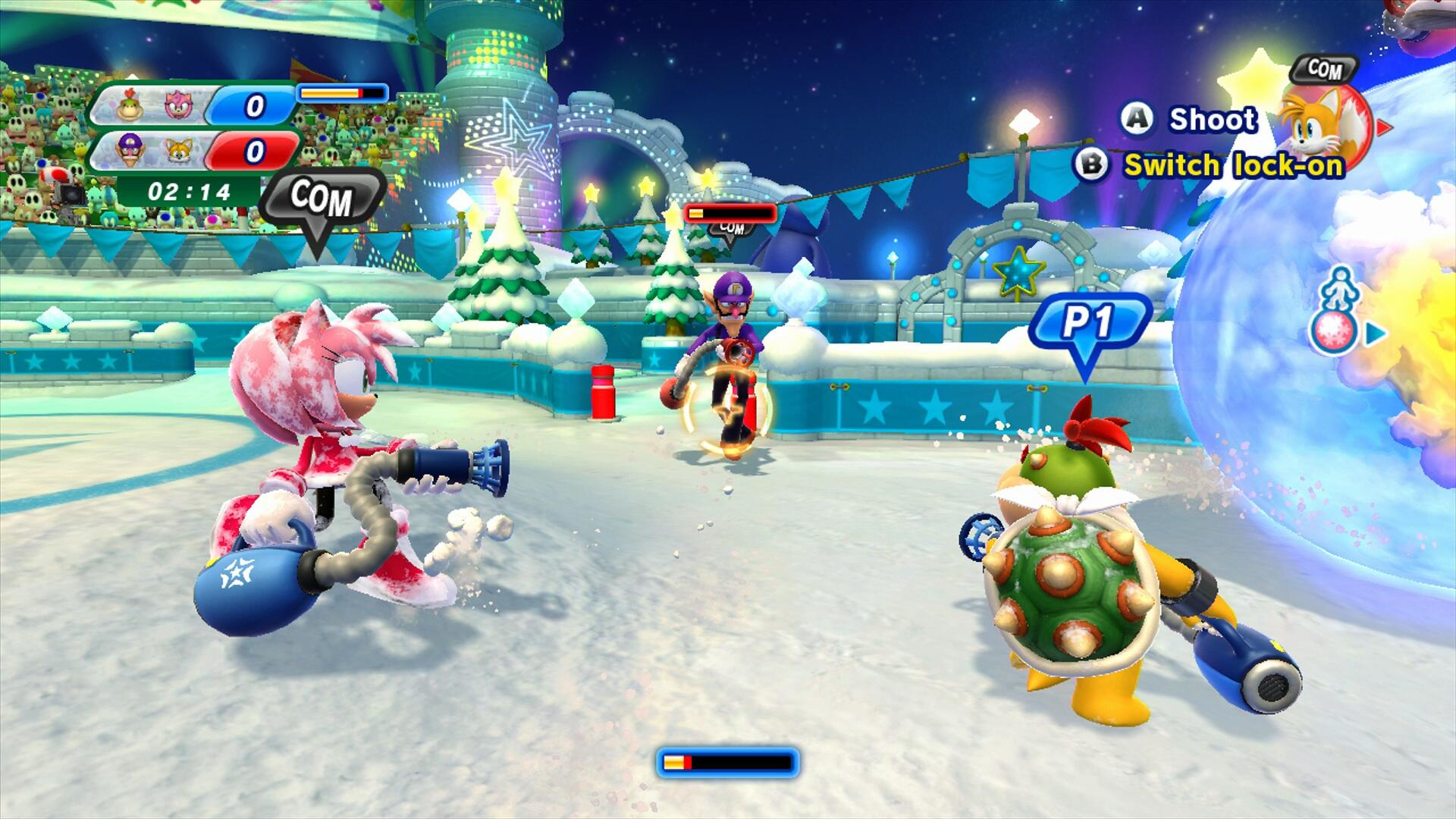 Amy, Bowser e un altro personaggio giocano a uno sport invernale in un'arena innevata.