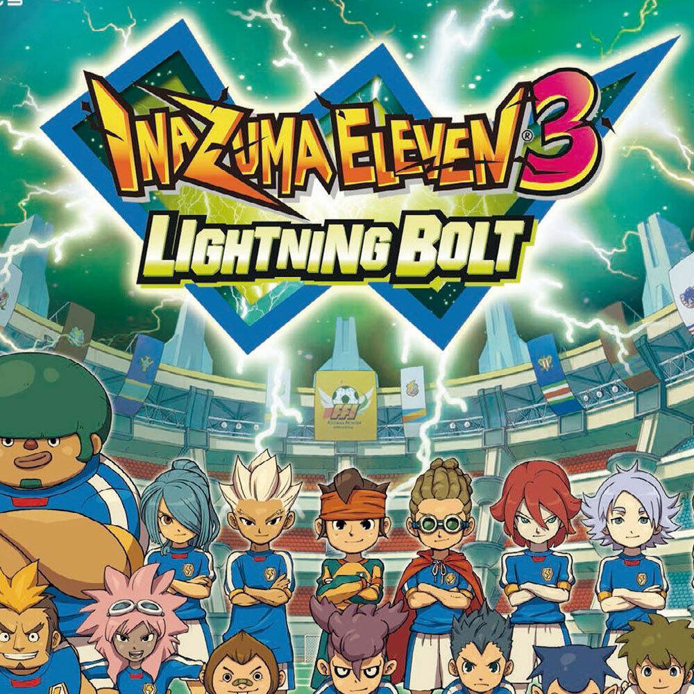Okładka gry Inazuma Eleven 3 Lightning Bolt. Przedstawia wiele postaci z anime w otoczeniu stadionu.
