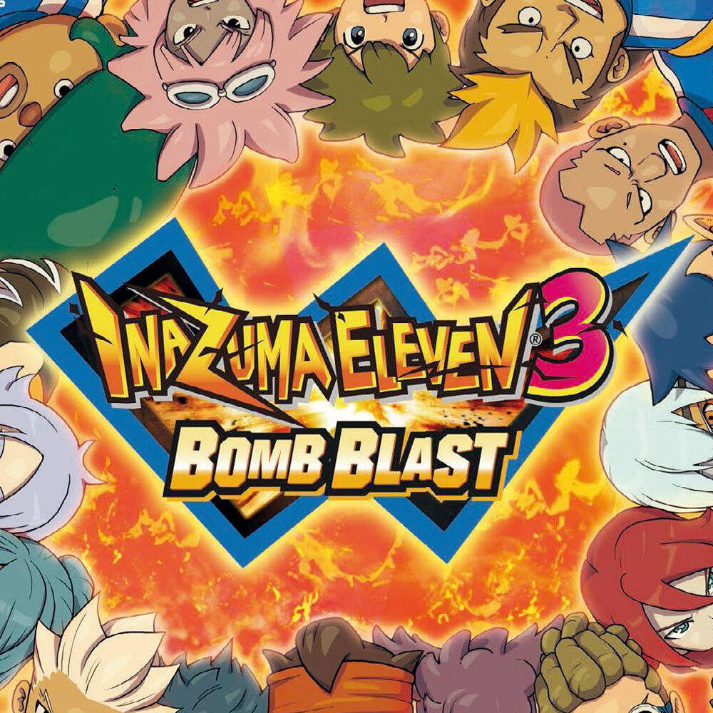 Okładka gry Inazuma Eleven 3 Bomb Blast. Wiele twarzy z kreskówek otacza tytuł gry.