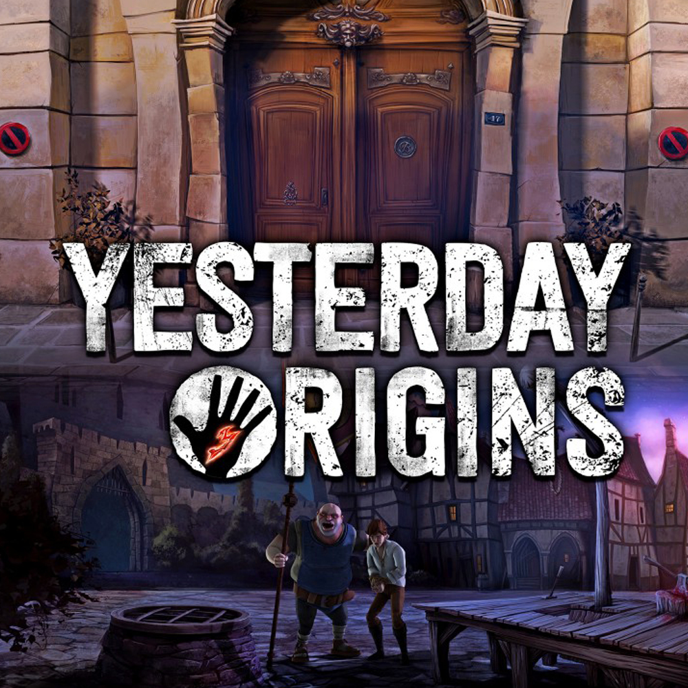 La carátula de Yesterday Origins. Dos personas frente a una puerta. Un pueblo en el fondo.