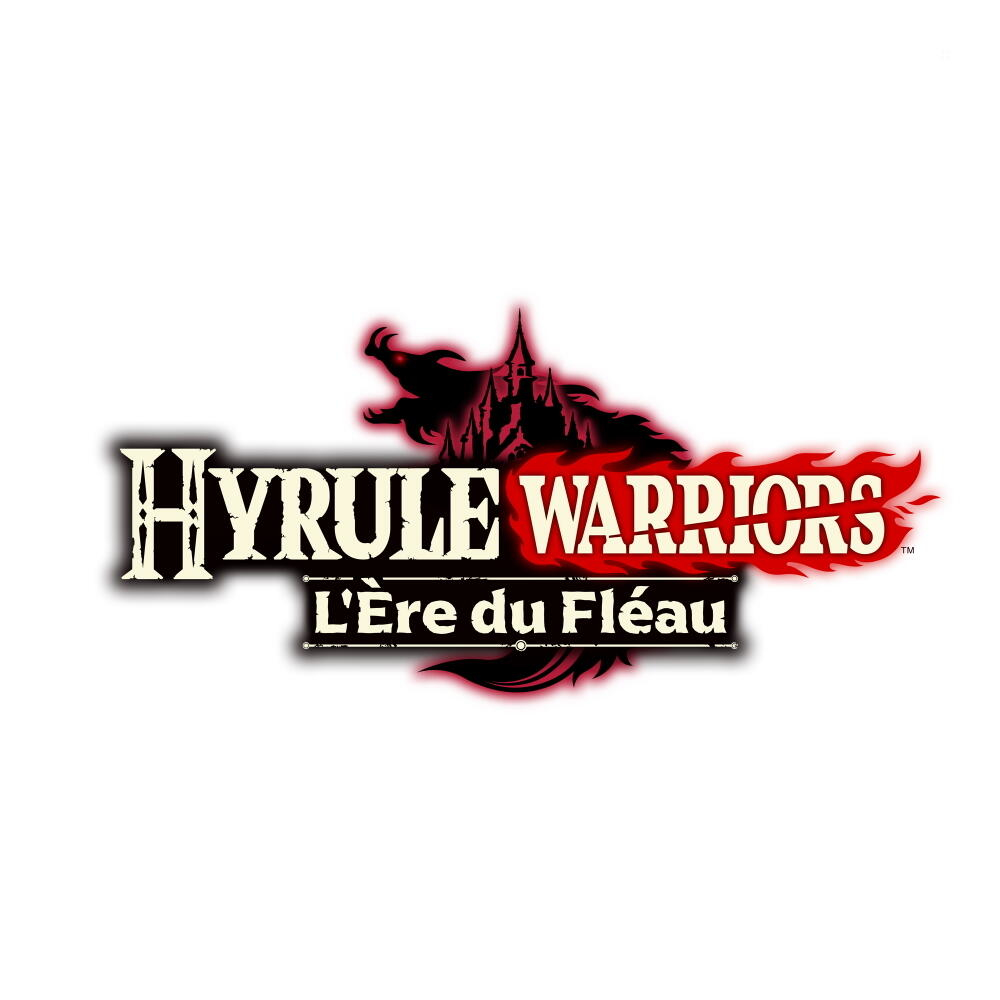 Logo gry Hyrule Warriors: Age of Calamity na ciemnym tle z czerwonym emblematem.